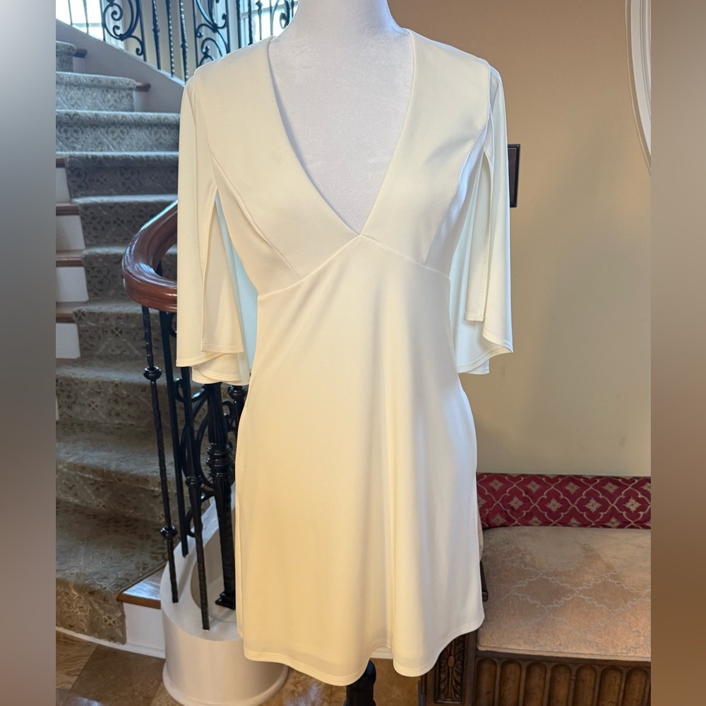 ABS Elegant Caped Cream V-Neck Dress